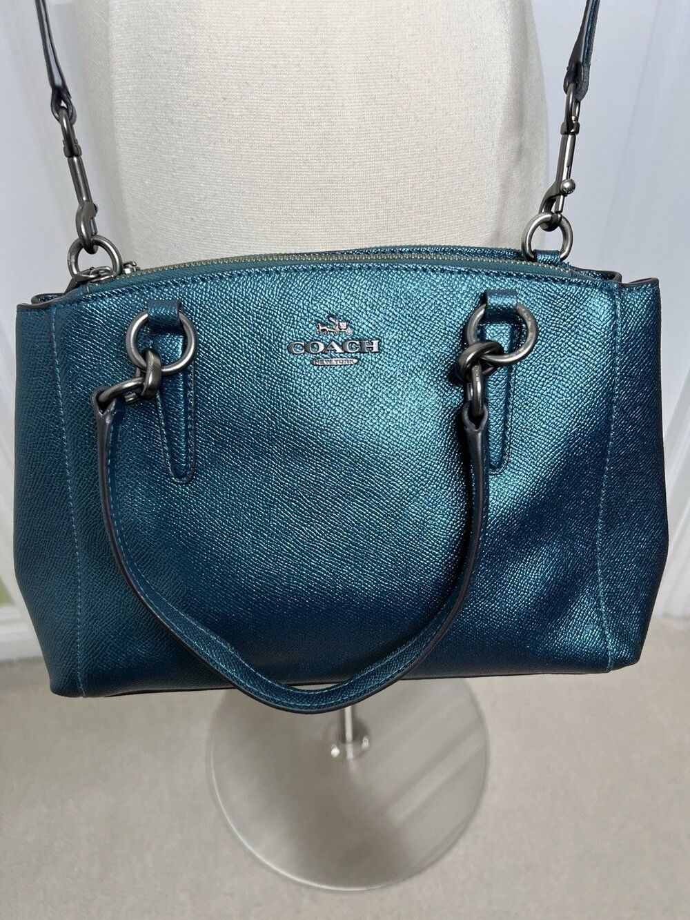 Coach Mini Christie Carryall Teal Green Metallic Cross Grain Leather
